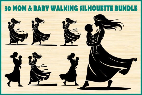 30 Mom Baby Walking Silhouette Bundle for Family Designs