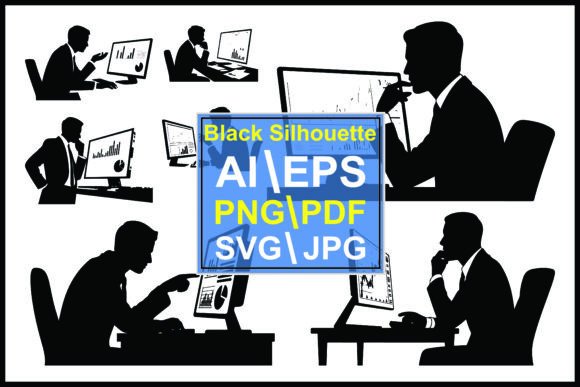Corporate Visuals: Silhouettes Businessmen Working Computer
